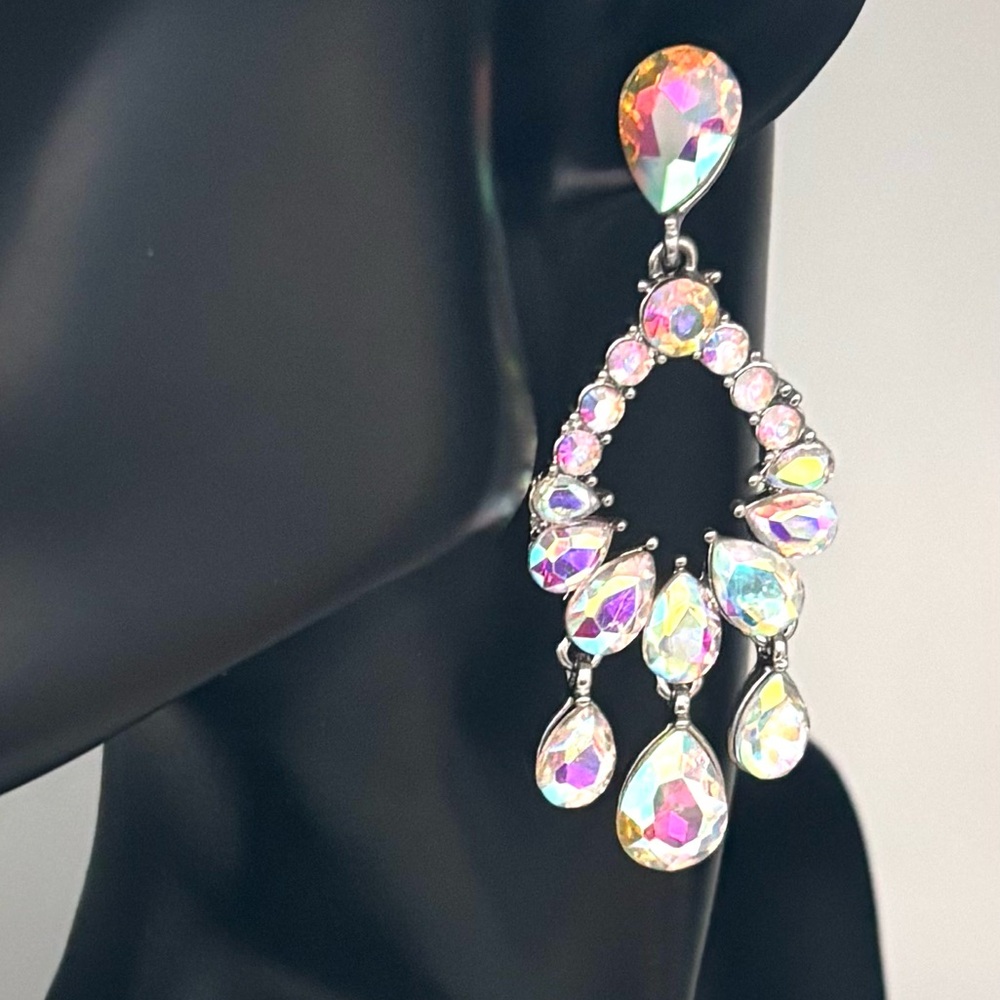 Aurora Bourealis Crystal Chandelier Earrings Silver tone